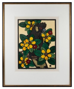 LESLIE VAN DER SLUYS (1939-2010), Yellow Tail Black Cockatoo and Golden Guinea Tree, 1987, woodblock, 53/90, signed lower right "Leslie Van Der Sluys, 1987", 43 x 34cm, 67 x 55cm overall.