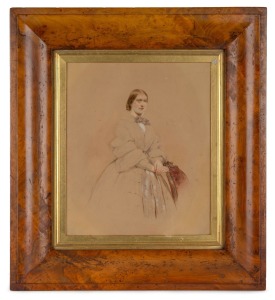 GEORGIANA McCRAE (1804-1890) (attributed), Portrait of Emily Addenbroke (Mrs Robert Kermode of Mona Vale, Tasmania), circa 1860-1862, watercolour and pencil on paper, attractively displayed in an antique Tasmanian musk picture frame with gilt slip and ori