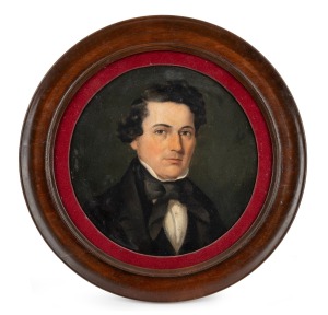 ROBERT HAWKER DOWLING (1827-1886) (attributed), Portrait of William Yaxley, oil on board, housed in a circular timber frame bearing label verso "H. Fleming, Picture Frame Makers... North Sydney", with later pencil inscription verso stating the artist and 
