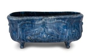 JOHN CAMPBELL pottery flower trough with bird decoration in rare blue drip glaze, incised "John Campbell, Tas.", 19cm high, 44cm wide.