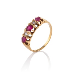 An antique 18ct gold, ruby and diamond ring, 19th century, stamped "18ct", 3.9 grams