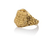 WILLIAM LAMBORN rare 18ct gold signet ring with Ballarat coat of arms, circa 1850s, stamped "W.L." flanked by two crowns. Stamped pieces from Lamborn from this early period are extremely scarce and this ring is one only three examples known to our rooms a