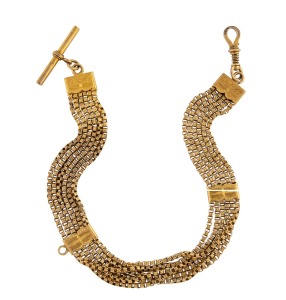 An antique 18ct gold Albert fob chain with engraved decoration, 19th century, 27cm long, 35.2 grams total.