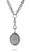 An antique Australian silver locket with engraved monogram, suspended on a box link chain, 19th century, ​​​​​​​the chain 40cm long, 38 grams total.