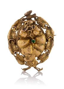 LAMBORN & WAGNER of Melbourne antique Australian 15ct gold brooch with leaf and vine motif, set with a green stone, secret mourning window and hair lock to reverse, circa 1865, stamped "L.& W.", 4.1cm high, 10.3 grams total.