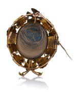 LAMBORN & WAGNER of Melbourne antique Australian 15ct gold brooch with leaf and vine motif, set with a green stone, secret mourning window and hair lock to reverse, circa 1865, stamped "L.& W.", 4.1cm high, 10.3 grams total. - 3
