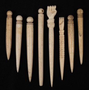 Eight assorted turned whalebone bodkins including a fist example, 19th century, the largest 11.5cm long.