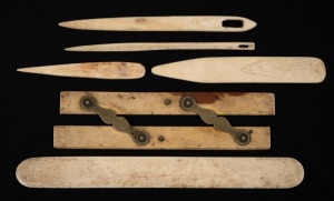 Antique whalebone parallel rule, busks, sail needles, etc, 18th/19th century, (6 items), the largest 20cm long.