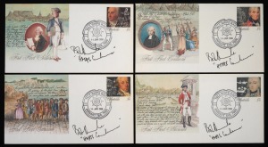 BOB HAWKE: 14th January 1988 HOBART TALL SHIPS RACE cancellations on four different First Fleet pre-stamped envelopes, all four signed by the Prime Minister, Bob Hawke, who was in Hobart to participate in the opening of the race, a major event marking the