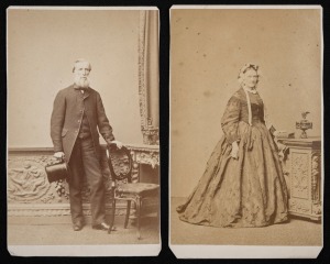 [TASMANIAN INTEREST] Two c. 1875 cartes-de-visite by Johnstone, O'Shannessy & Co. (3 Bourke Street East, Melbourne), depicting George and Anna Hull. The Hulls arrived in New South Wales in 1819, transferring to Tasmania and receiving 2560 acres near Gleno