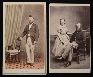 [TASMANIAN INTEREST] Two cartes-de-visite featuring Charles Headlam, one early hand-coloured example by S. Spurling (Hobart) depicting Headlam as a young man, the other by W.P. Dowling (Launceston) of an older Headlam with one of his daughters.