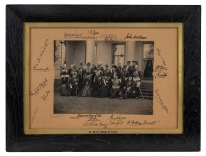 Signed photograph of TRH The Duke and Duchess of Cornwall and York (later King George V and Queen Mary) and their royal suite on the garden steps of Government House, Melbourne, 9 May 1901, by Vandyck Studios, Melbourne; attractively framed in ebonized ti