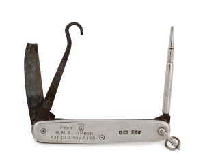 Presentation sterling silver pocket knife, issued to commemorate the Royal Tour of the Empire aboard H.M.S. Ophir in 1901, gifted by Baron Wenlock (then recently appointed Governor of Western Australia), with engraving "From W. - H.M.S. Ophir - March 16-N
