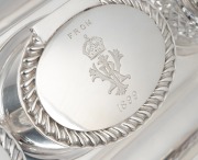 Queen Victoria royal presentation sterling silver inkstand, rectangular tray with gadrooned border, central stamp box with royal inscription "From VRI 1899", flanked by two inkpots in cut crystal with silver lids; gifted to The Rt Hon Lord Hallam Tennyson - 2