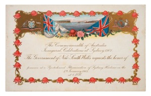 1901 COMMONWEALTH INAUGURATION CEREMONIES IN SYDNEY: Group of four chromo-lithographic unaddressed (possibly PROOF) invitations issued by the Government of New South Wales, the events comprising the Inauguration itself, the Earl of Hopetoun's swearing in 