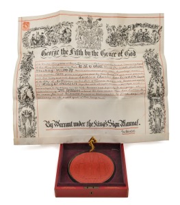 A 1916 parchment certificate of Knight Bachelor granted to SIR LAUCHLAN CHARLES MACKINNON, in George V red morocco leather Investiture box by John Peck & Son (London), also containing the large ceramic seal depicting George V seated on throne on one side,