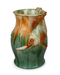 REMUED stunning exhibition quality green glazed pottery vase with applied swordfish decoration. This piece is unrecorded and possibly unique. Incised "Remued, Hand Made", an imposing 36cm high.