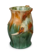 REMUED stunning exhibition quality green glazed pottery vase with applied swordfish decoration. This piece is unrecorded and possibly unique. Incised "Remued, Hand Made", an imposing 36cm high.