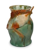 REMUED stunning exhibition quality green glazed pottery vase with applied swordfish decoration. This piece is unrecorded and possibly unique. Incised "Remued, Hand Made", an imposing 36cm high. - 3