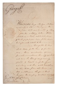 EARLY CONVICT PARDON - GEORGE BRIDGES BELLASIS. First formal pardon of a convict to serve in high office in New South Wales, this being the original manuscript order to Governor PHILIP GIDLEY KING announcing the free pardon of GEORGE BELLASIS, signed by KING GEORGE III and C. YORKE (Home Secretary). "Given at Our Court at Saint James's the Nineteenth day of November, 1803". Folio, 2 pages, with paper seal; in very good condition.