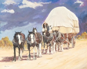 PETER HILL (1953 - ), (clydesdales hauling wool), oil on canvas, signed lower left "Peter J. Hill", 60 x 75cm, 85 x 101cm overall.