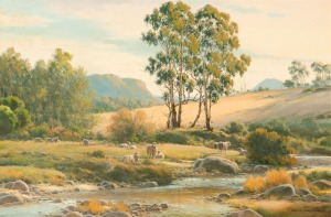 MELVIN DUFFY (1930 - ), Bluff River Pastoral, oil on canvas board, signed lower right "Melvin Duffy OAM", 90 x 136cm, 114 x 160cm overall.