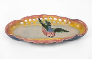 CASTLE HARRIS pierced pottery bowl with applied bird decoration, incised "Castle Harris", 29cm wide.