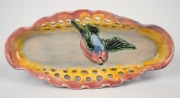 CASTLE HARRIS pierced pottery bowl with applied bird decoration, incised "Castle Harris", 29cm wide. - 4