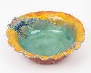 CASTLE HARRIS pottery bowl with applied fish decoration, incised "Castle Harris", 7cm high, 23cm wide.
