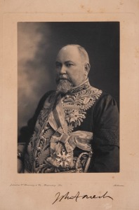 SIR JOHN FORREST (1847-1918) original pen signature in the margin below a photograph by Johnstone O'Shannessy & Co., Melbourne, circa 1901. Overall 33 x 25cm.