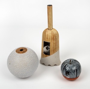 GARRY BISH pottery apple ornament, spherical vase and tall pottery vase with applied decoration, (3 items), artist marks to bases, the largest 23.5cm high.