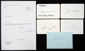THE 1975 DISMISSAL: Group of six autographs comprising Gough Whitlam, Sir John Kerr, Malcolm Fraser, Sir Garfield Barwick, Robert Askin, and Billy Snedden; Fraser's autograph on 1994 letterhead, the others on piece.