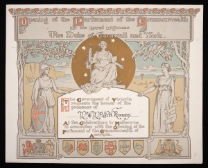 1901 FEDERATION: Souvenir invitation, "Opening of the Parliament of the Commonwealth - By his Royal Highness The Duke of Cornwall and York - The Government of Victoria requests the honour of the presence of Mr & Mrs S.W. Ramsay (inserted in ink) - At the 