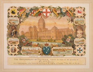 1901 FEDERATION: Souvenir invitation, "United 1901 One Flag One Destiny - The Government of Victoria requests the honor of the presence of Mr & Mrs W. Ramsay at the Conversazione in the Exhibition Building on the Evening of Tuesday 7th May 1901, at 8pm"; 