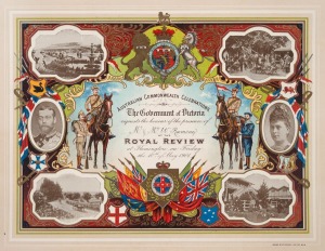 1901 FEDERATION: Souvenir invitation, "The Government of Victoria requests the honour of the presence of Mr & Mrs W. Ramsay (inserted in ink) at the Royal Review at Flemington on Friday the 10th of May 1901"; designed by Sands & McDougall Limited (Melbour