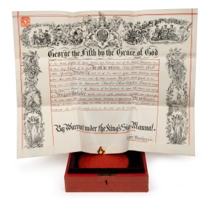 A 1910 parchment certificate of Knight Bachelor granted to SIR CHARLES CHRISTOPHER BOWEN, Speaker of the Legislative Council in the Dominion of New Zealand; in King George V red morocco leather Investiture box by Wickwar & Co. (London), also containing ce