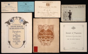 1927 ROYAL VISIT: Group comprising programmes for the May 9th Official Opening of Parliament House, the May Visit to Western Australia, and the April 28th Official Reception of the Government of Victoria, tickets to the March 26th Official Reception at Sy