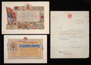 1920 ROYAL VISIT: Group comprising an invitation to the June 11th Prince of Wales Welcome Banquet at Sydney Town Hall, an invitation to a June 18th Public Reception in honour of the Prince of Wales, also at Sydney Town Hall, and a June 23rd letter of than
