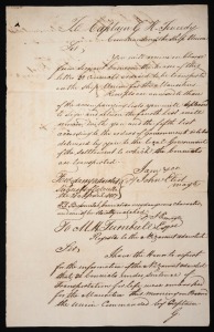 An East India Company hand-written directive dated 21 April 1817, addressed to Captain G. H. Tweedy, Commanding the ship "Union". Tweedy is instructed to transport 32 convicts to Mauritius "under the sentence of Transportation for life". In an unusual P.S. Tweedy is warned "Bussuntah (?) Convict is a very dangerous character and must be strictly watched."