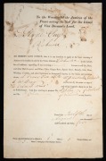 Ex-Convict GEORGE GUY of Richmond (who arrived in Van Diemen's Land in 1829 aboard the ship "Surrey") applies with this partly printed document, for a licence to sell alcohol at premises at Grass Tree Hill, known as The Wilmot Arms. The document is marked