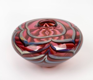 DENIZEN Australian art glass vase with iridescent decoration, by Robert Wynne of Sydney, impressed mark to base, 9cm high, 14cm wide.