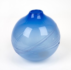 MICHAEL HOOK Australian blue art glass vase with trailing decoration, engraved "Michael Hook, '89", ​​​​​​​15cm high.