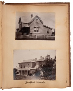 [TASMANIAN INTEREST] A 29 x 23cm album (dilapidated) containing twenty-five good-condition albumen prints, of which thirteen c. 1880 views of Tasmania (Kingston, Government House, St Luke's Anglican Church in Campbell Town, King River, St Mary's Pass, the