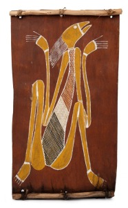 GABRIEL MARALANGURRA (1968 - ), (untitled figure), natural earth pigment on bark, signed verso with gallery inventory number "546b-03", 33 x 19cm.