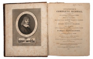 [MEDICAL/PHARMACEUTICAL INTEREST] 1816 edition of CULPEPER'S COMPLETE HERBAL, published by Richard Evans (Spitalfields, London); rich with hand-coloured copperplate illustrations, this example having enjoyed a long life of use in an Australian pharmacy, r