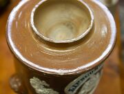 LIPSCOMBE & Co. of Manchester, antique English stoneware water filter with sprig moulded decoration and English coat of arms, 19th century, 45cm high. - 3