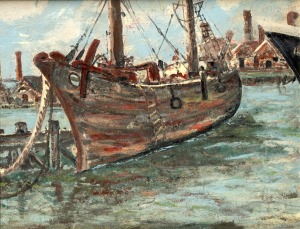 ARTIST UNKNOWN, (sailing boat at the docks), oil on canvas laid down on board, 33 x 43cm, 46 x 56cm overall.