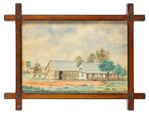 JAMES TREVOR (1866-1942), Home of Jacob & Agnes Gentner, Kamarooka, watercolour, signed lower right "J. Trevor, 1895", attractively displayed in an antique Australian kauri pine cross stretcher frame, 25 x 35cm, 35 x 47cm overall.