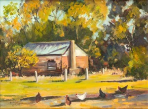 FRAN O'BRIEN, Cottage With Chooks, oil on canvas board, signed lower left "Fran O'Brien", 30 x 40cm, 40 x 50cm overall.