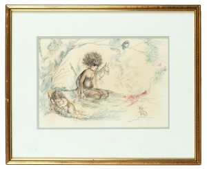 DELAPORT VIOLA (BROWNIE) DOWNING (1924-1995), (Aboriginal children and animals in landscape), pen and ink with watercolour highlights, signed lower right "Brownie Downing", ​​​​​​​29 x 29cm, 36 x 44cm overall.